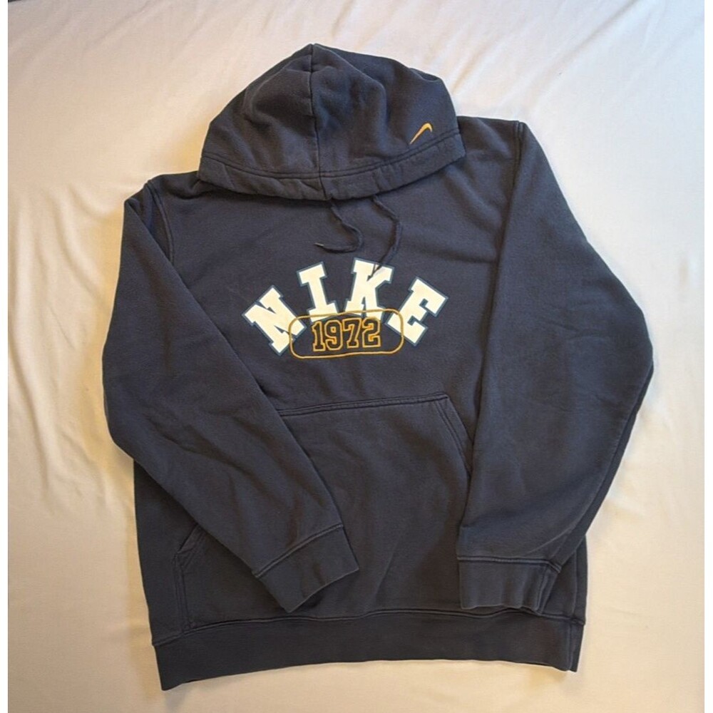 VINTAGE Nike Spell Out Hoodie Faded Boxy 1972 Swoosh Y2K Blue Grunge Cyber Large